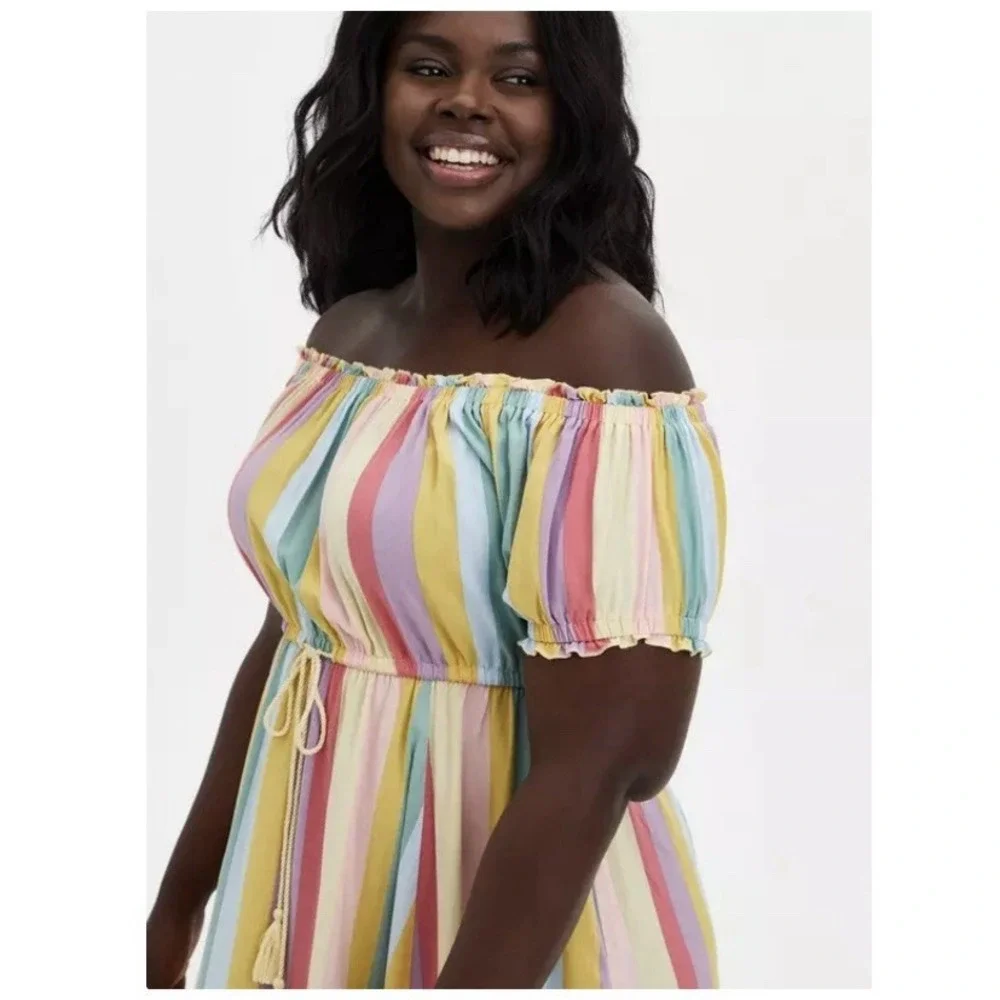 Torrid Pastel Stripes M Challis Off‎ Shoulder Midi Dress Size 2X Pockets Tassels